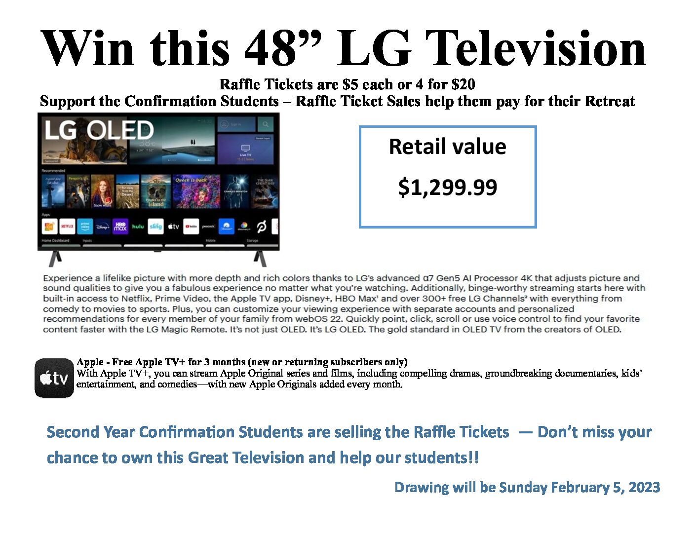 48″ TV Raffle – Support the Youth of our Parish!!